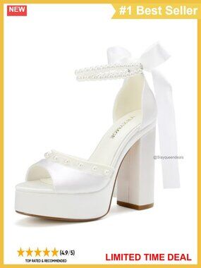 Satin Pearl Open Toe Platform Heels Wedding Shoes for Bride Ankle Strap
